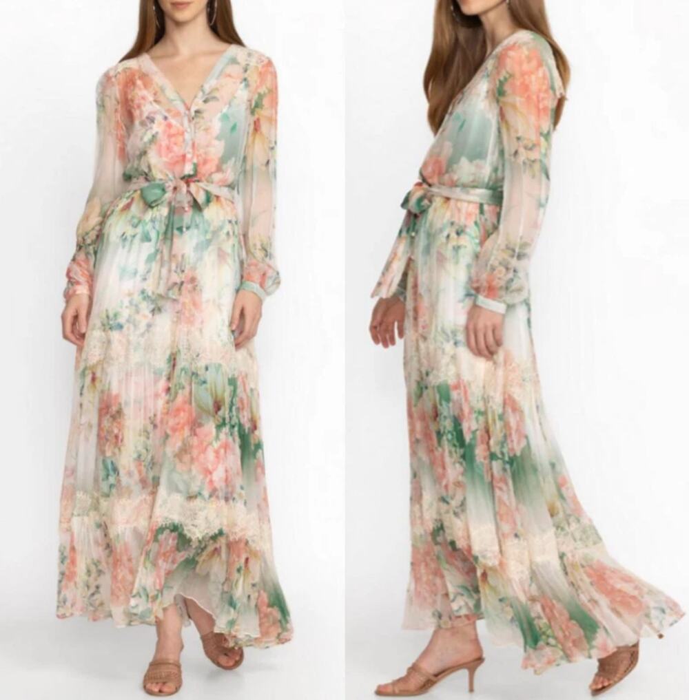 Johnny Was Ruksana Silk Maxi Dress Sheer overdress with Under Chemise and Belt S